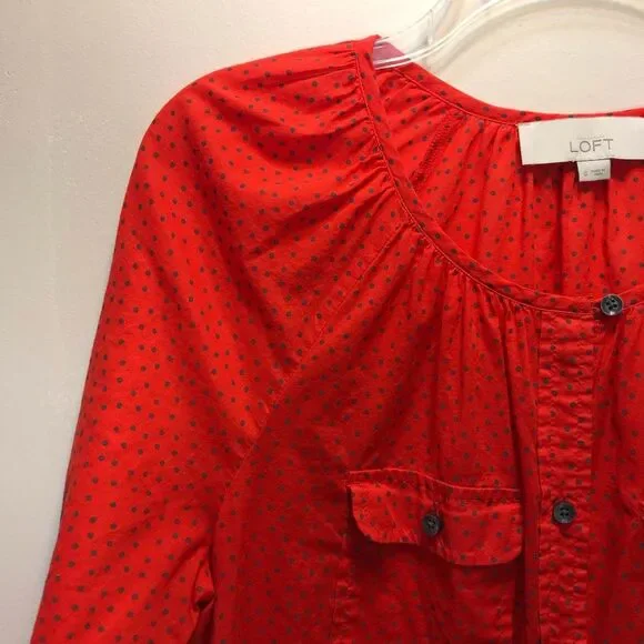 THE LOFT Orange + Gray Polka Dot Blouse Small - Picture 4 of 7